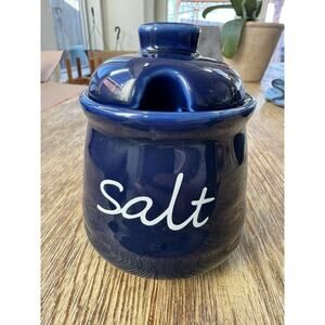 Ceramic Salt Bowl With Lid 12oz Blue Bowl, White Letters, No Spoon.